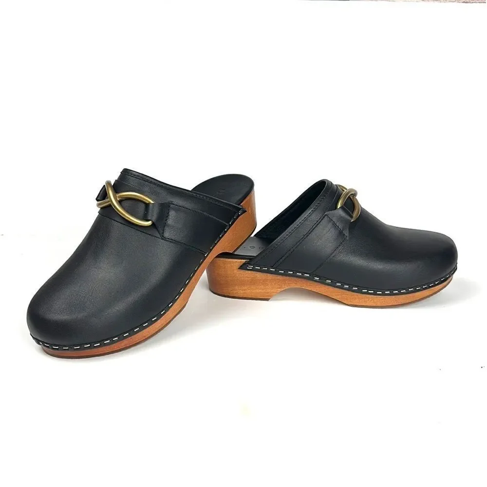 M. Gemi Black Leather Mules with Gold Accent - Picture 2 of 16